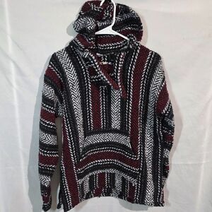 Earth Ragz Baja Hoodie Pullover Sweater Black Maroon White Striped Men's Size M